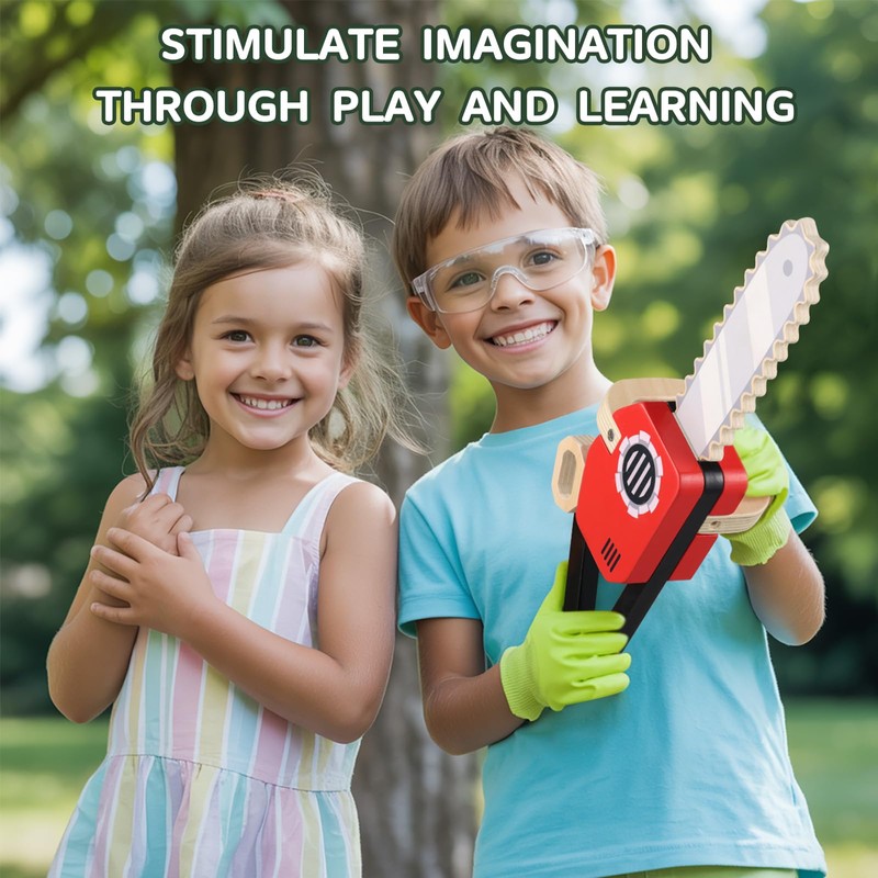 GAGAKU Wooden Toy Kids Chainsaw Tool Set, Pretend Play Construction