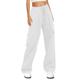 HVEPUO Womens High Waist Cargo Pants Y2K Wide Leg Cotton Baggy Hiking Pants Lightweight Elastic Waist Trousers with Pockets White L