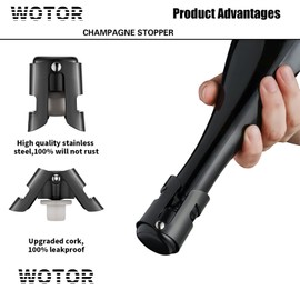 WOTOR Champagne Stoppers with Stainless Steel Champagne Bottle Stopper with Food Grade Silicone Reusable Champagne Cork, Saver Suitable for Champagne, Cava, Prosecco, Sparkling Wine (Black, 2pack)