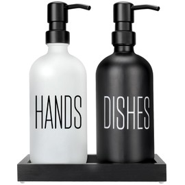 Soap Dispenser Set，Kitchen Soap Dispenser with Tray Stainless Steel Pump，Black Dish Soap Dispenser for Kitchen，Hand and Dish Soap Dispenser Set for Kitchen& Bathroom, Gifts for Housewarming