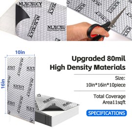 NLXCXUCY 10 Pcs 80mil (2mm) 11 sqft(1 sqm) Car Sound Deadening Mat,Butyl Automotive Sound Deadener,Noise Insulation and Vibration Dampening Material with Silicone Bumps Gloves