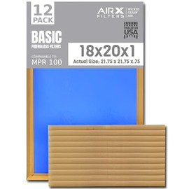 18x20x1 Air Filter Comparable to MPR 100 Basic Economy Furnace Filters, 12 Pack of Non Pleated Fiberglass Filter For Dust - Low Airflow Restriction! From AIRX FILTERS WICKED CLEAN AIR.