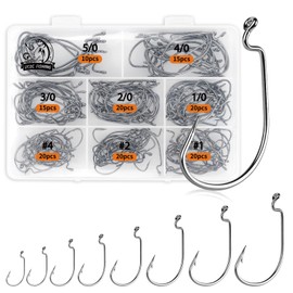 UCEC Fishing Hooks, 140PCS EWG Offset Worm Hooks Bass Hooks Wide Gap 2X Strong Senko Bait Texas Rig Jig Fish Hooks for Bass Trout Saltwater Freshwater Size:#4#2#1 1/0 2/0 3/0 4/0 5/0