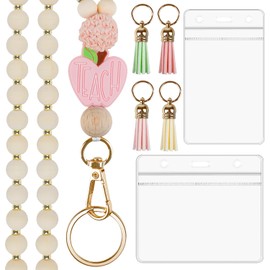 Teacher Lanyard with ID Holder, Fashion Natural Wood Beaded Lanyard for ID Card Badges Keys, Super Cute Boho Tassel Key Ring for Women