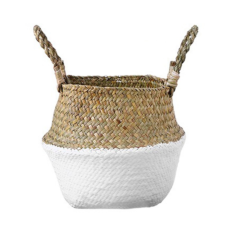 Foldable Storage Baskets Laundry Straw Patchwork Home Seagrass Belly Garden