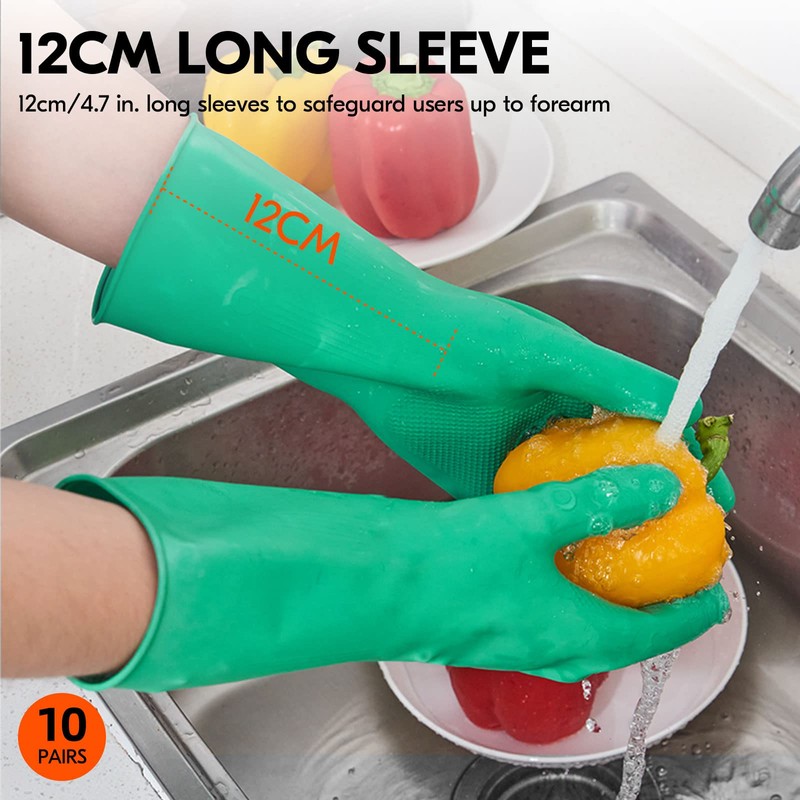 Vgo... 10-Pairs Reusable Household Gloves, Rubber Dishwashing gloves, Extra Thickness,