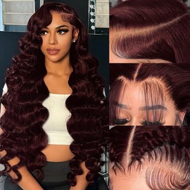 22" 13x4 Glueless Wigs Human Hair Pre Plucked Pre Cut with Baby Hair, 210% Density 12A Brazilian Body Wave Lace Front Wigs Human Hair, #99J Wine Red HD Transparent Wear and Go Wigs for Black Women