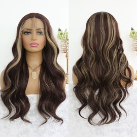 GALLAG Brown with Highlight Blonde 24 Inch Synthetic Lace Front Wigs for Women Body Wave Pre Plucked Pre Cut HD 13X4 Front Lace Ombre Wig Middle Part Length for a Stunning Look