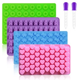 Pharamat Silicone Gummy Molds Set of 4, Candy Molds with 2 Droppers for Convenient Filling, Chocolate Molds Set Includes Dinosaur, Bear, Donut and Heart Molds