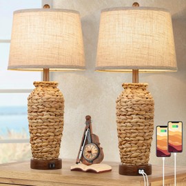 Set of 2 Rattan Table Lamps, 27in Tall Boho Table Lamps with 2 USB Charging Ports, Farmhouse Rustic Woven Seagrass Bedside Lamps for Living Room Bedroom Nightstand End Table, E26 Socket, Cream Shade