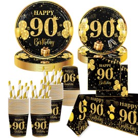 90th Birthday Party Supplies, 85PCS Black and Gold 9in 7in 90th Birthday Party Plates Napkins Cups Straws Tablecloth 90th Birthday Party Tableware for 16 Guests 90th Birthday Party Decorations