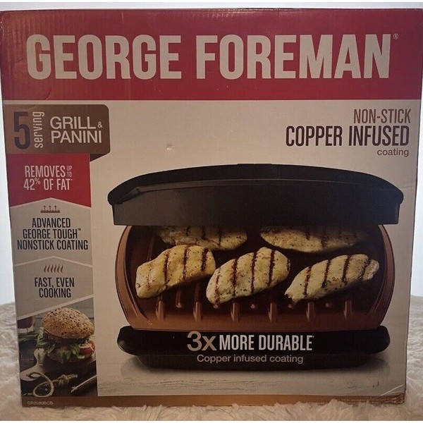 George Foreman 5-Serving Copper Infused Coating Electric Indoor Grill and Panini