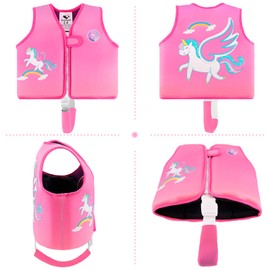 Pottwal Swim Vest for Kids - Swim Jacket for 2-3 Years (33-40LBS) - Made of Neoprene & EPE - with 8 Pockets for Detachable EPE - Red Unicorn
