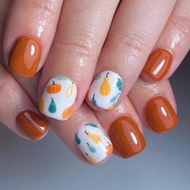 Fall Press on Nails Short Square Fake Nails with Pumpkin Design Brown Glue on Nails Orange Stick on Nails Glossy Reusable Thanksgiving False Nails for Women Girls Autumn Winter Manicure 24pcs