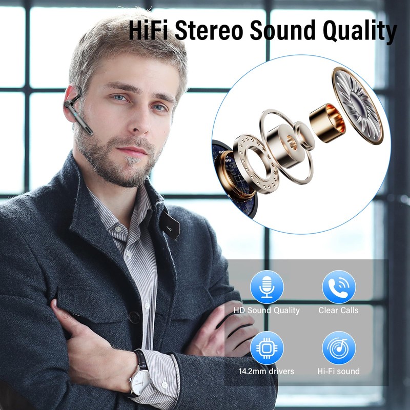 Bluetooth Headset, 2026 Wireless Bluetooth 5.3 Earpiece, 60 Hours Single-Ear