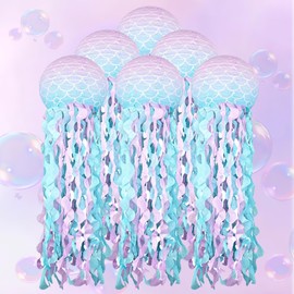 GOMETY Pack of 4 Mermaid Birthday Decoration Paper Lantern, Party Decoration, Jellyfish Decoration, Mermaid Birthday Decoration for Girls, Ocean Under the Sea Theme Party, Hanging Decoration (Blue)