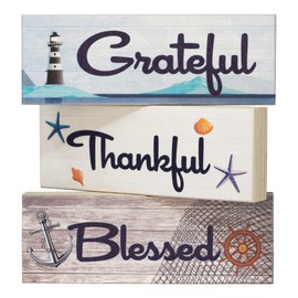 JennyGems Grateful Thankful Blessed 3pc Wooden Sign Set, Nautical Beach House Decor, Beach Tiered Tray Decorations, Made in USA