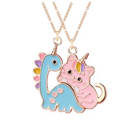 BFF Magnetic Necklace, Friendship Dinosaur Cat Pendant Necklaces, Best Friends Matching Necklaces, Best Friends Friendship Gifts for Children, Brother, Sisters, Friends, Pack of 2, Zinc, No Gemstone