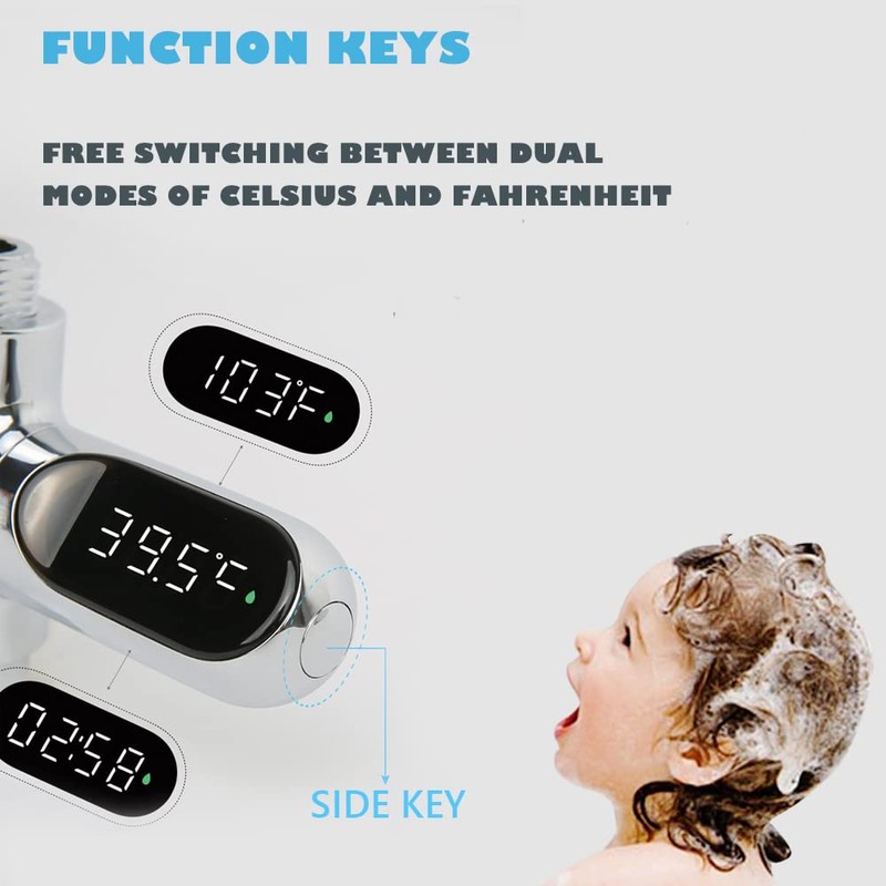 Shower Thermometer,Led Digital Display 360°Rotating Screen Baby Bath Water Power