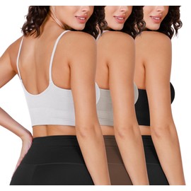ODODOS 3-Pack Seamless Sports Bra for Women Ribbed Camisoles Non Padding Yoga Bra Crop Tank Tops, Mushroom+Black+White, Large