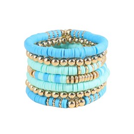 Pingyongchang Gold Beaded Bracelets Set for Women Men Bohemian Friendship Vinyl Disc Stretch Layering Stackable Bead Bracelet Summer Surfer Heishi Clay Beach Jewelry Gifts-Blue