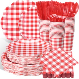 Funnymoom 400 Pcs Gingham Party Supplies for 50 Guests Red and White Paper Plates and Napkins Knives Spoon Fork Cup Disposable Checkered Dinner Party Set Cutlery for Baby Shower Wedding Favor