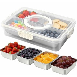 WanshengLe 4 Compartment Stainless Steel Snackle Box 3.82L with Lids and Handle, 4 PCS Dishwasher Safe & Detachable Snacklebox, 4 Compartment Divided Storage Organizer for Snacks Fruit Nuts