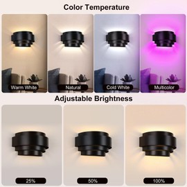 LIGHTESS Wall Sconces Set of 2, Rechargeable Wall Lights with Remote and RGB Bulbs, Black Battery Powered Wall Sconce for Bedroom Living Room Hallway