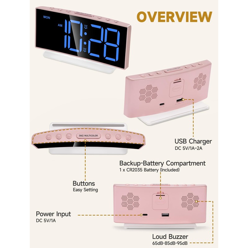 Cadmos Modern Curved Cute Digital Alarm Clock,Colorful Led Display,Adjustable Volume,Weekday/Weekend