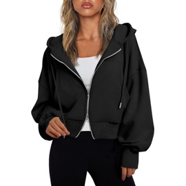 Fisoew Women's Crop Zip Up Hoodies Casual Long Sleeve Hooded Cropped Sweatshirts with Pockets Black