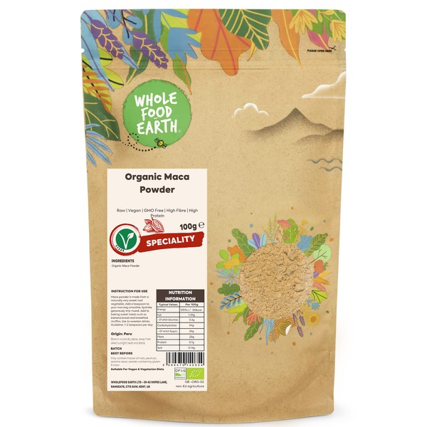 Wholefood Earth Organic Maca Powder 100g Raw | Vegan | GMO Free | High Fibre | High Protein | Certified Organic