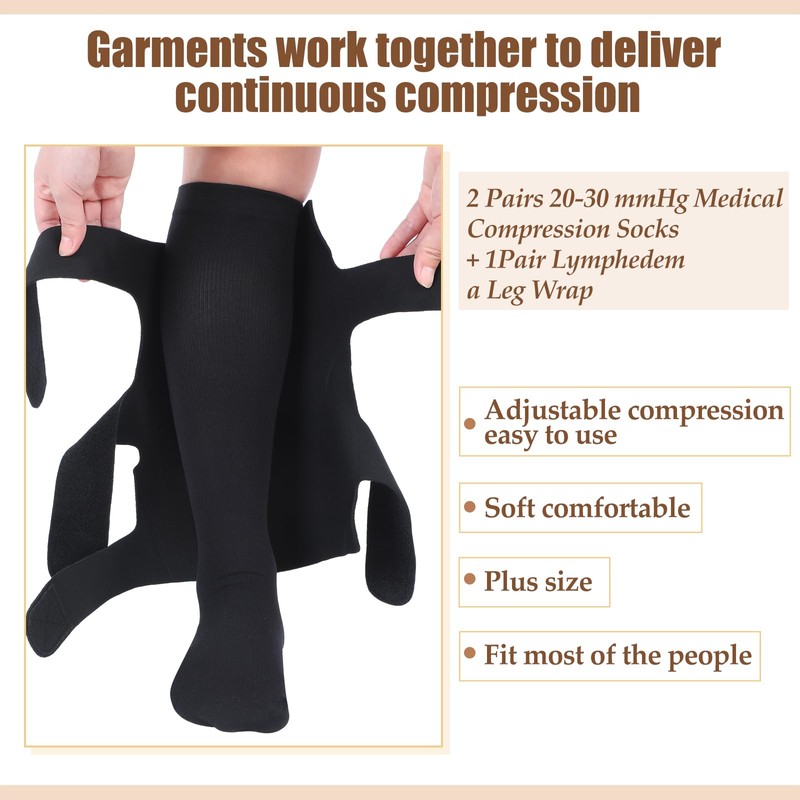 3 Pair Lymphedema Compression Leg Wrap with Calf Compression Sock