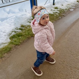 Fleece Children's Headband, 6 Months - 2 Years, Warm for Freezing Temperatures with Earmuffs for Playground and Leisure (White Flowers)