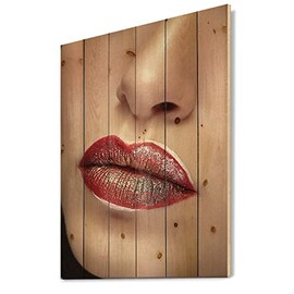 DesignQ Close Up Lips With Professional Make Up & Lipstick Modern & Contemporary Wood Wall Decor, Red Wood Wall Art, Large People Wood Wall Panels Printed On Natural Pine Wood Art