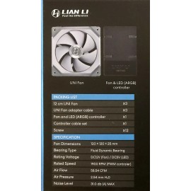 Lian Li UNI FAN SL120 RGB 120mm V1 3 Pack WHITE with Controller Case Fan