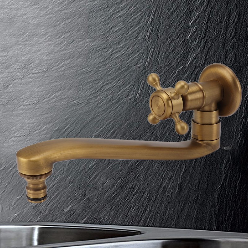 Antique Garden Faucet with Extended Spout Antifreezing Copper Wall Mount