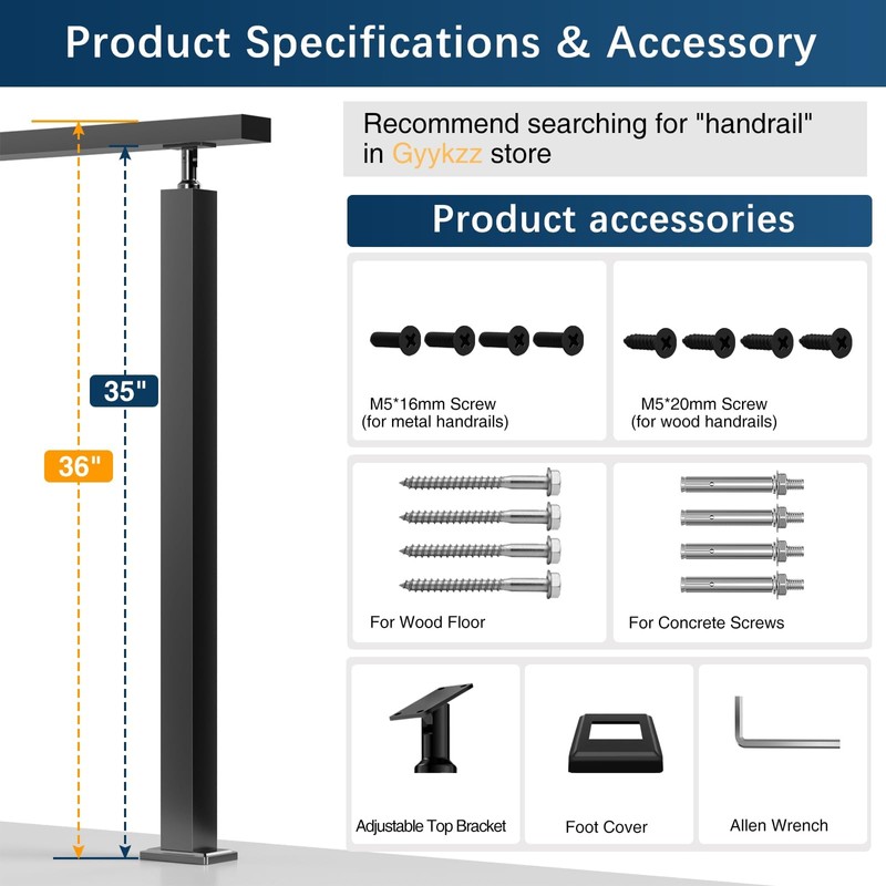 Gyykzz 36" Undrilled Railing Handrail Post for Stair, Heavy Duty