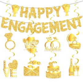10Pcs Engagement Party Decorations Happy Engagement Banner with 8pcs Glitter Gold Hanging Swirls Decor for Congratulation Wedding Engagement Just Engaged Party Wedding Shower Signs Decor