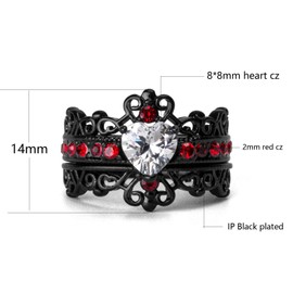 Ringcrown Couple Rings Black Plated Heart Red Cz Womens Wedding Ring Sets Crown Ring Titanium Man Wedding Bands（Please Buy 2 Rings for 1 Pair）