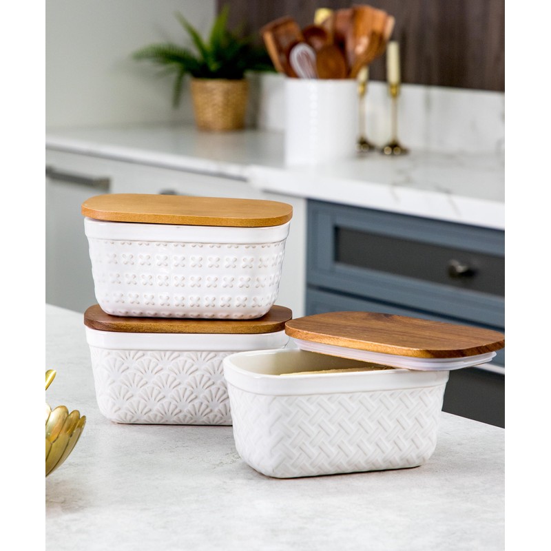 Nucookery Ceramic Butter Dish, Embossed Butter Keeper with Wood Lid