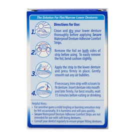 Secure Comfort Strips Waterproof Denture Adhesive - Zinc Free - Extra Firm Hold For Lower Dentures - 15 Strips