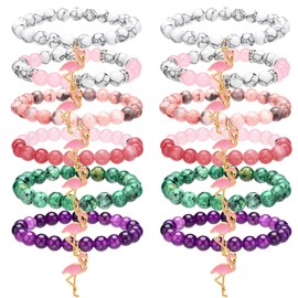 Huquary 12 Pack Pink Flamingo Stretch Bracelet Bulk Natural Stone Beaded Flamingo Bracelets Party Favors Summer Birthday Inspirational Gifts for Women Man