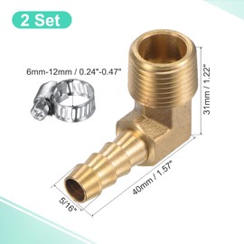 MECCANIXITY Brass Hose Barb Fitting Elbow 5/16" x 3/8NPT Male Thread Right Angle Pipe Connector with Stainless Steel Hose Clamp 2 Set