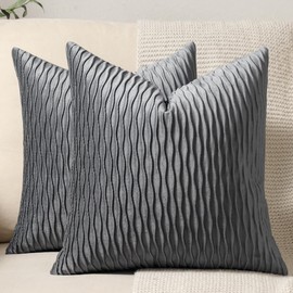 DEZENE Grey Striped Decorative Pillow Cases: 2 Pack 18x18 Inch Original Velvet Square Throw Pillow Covers for Farmhouse Couch