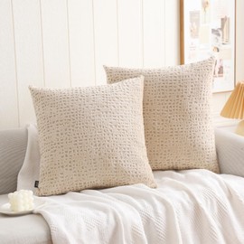 HPUK Check Cut Velvet Throw Pillow Covers Pack of 2, 18x18 Inch Accent Cushion Covers for Living Room, Bedroom, Decorative Solid Color Pillow Covers for Couch, Sofa, Chair, Beige