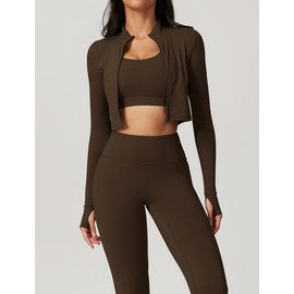 OMEWEE Workout Outfits for Women 3 Piece Long Sleeve Zip Up Cropped Jacket, Sports Bra and Tummy Control Leggings Brown M
