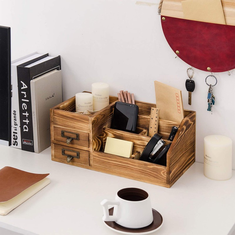 Liry Products Rustic Wooden Desktop Organizer Office Supplies Brown Tabletop