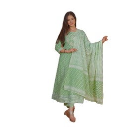 Meera Fab Women's Cotton Printed Zari Embrodriery Anarkali Kurta With Palazzo & Dupatta Set, Green, X-Large