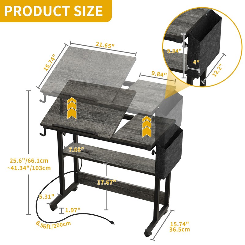 DWVO Height Adjustable Drawing Desk with Charging Station & Wheels,