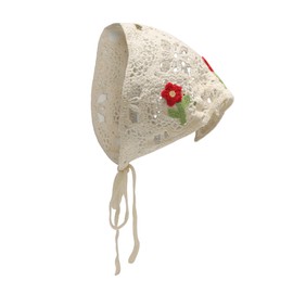 ZLYC Women Cotton Triangle Head Scarf Crochet Hair Bandanas Handmade Kint Turban, Red Flowers Beige